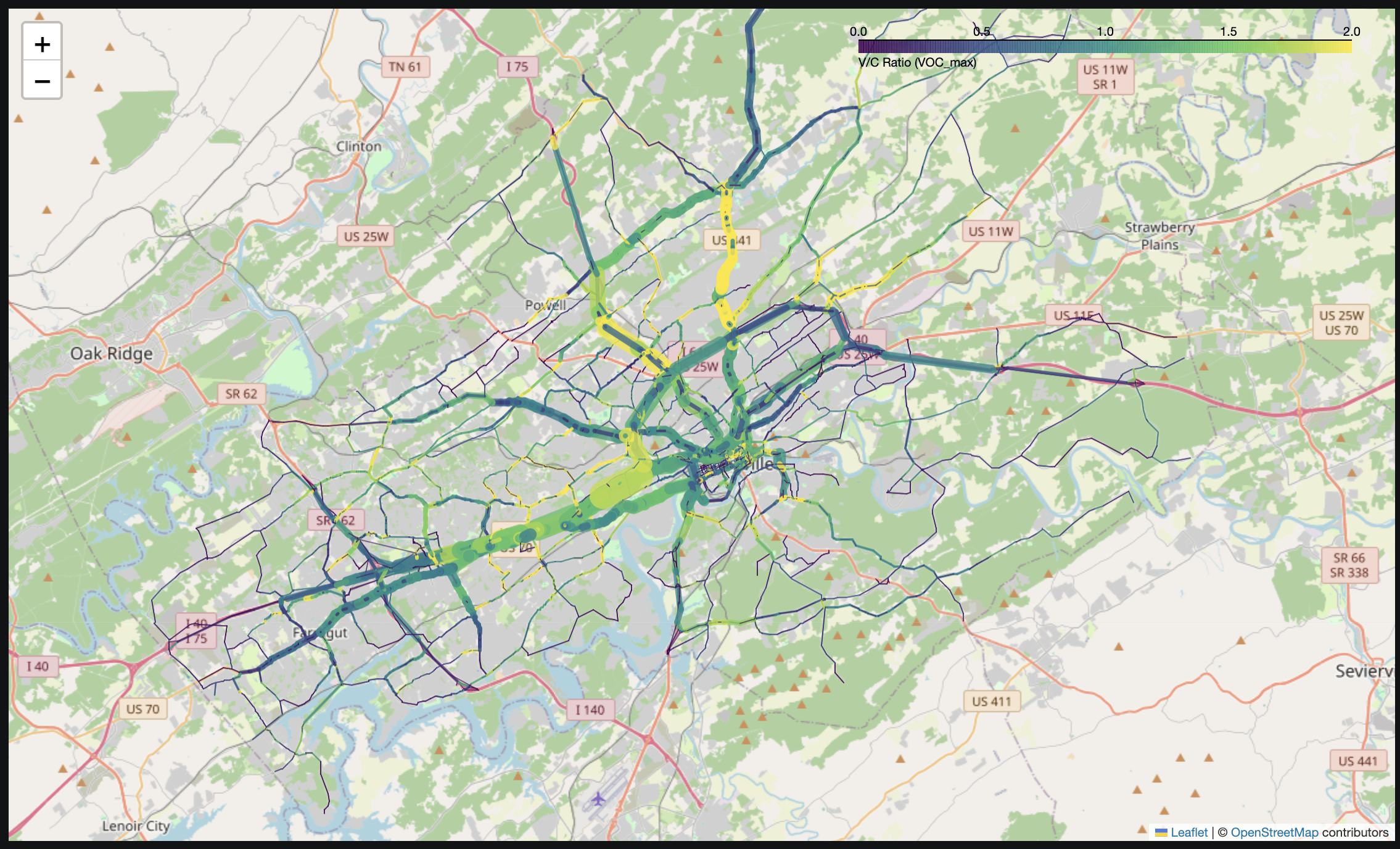 Map of the Knoxville regional road network colored by volume-to-capacity ratio
